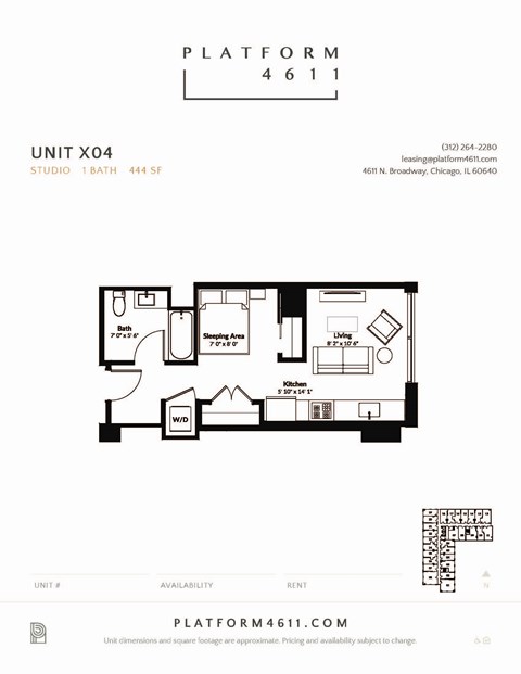 Floor plan for studio, 1 bath, 444 sqft